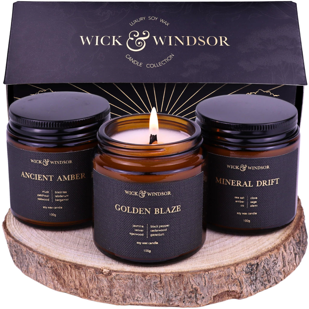 Wick & Windsor | Scented Candle Gift Set | Origins Collection | 3 Luxury Soy Wax Candles | Wooden Wick | 3×100g | Amber, Black Pepper & Sea Salt | Gift for Him - Birthday, Christmas & Father's Day