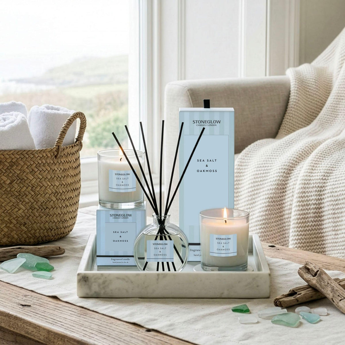 Stoneglow Modern Classics Sea Salt & Oakmoss Scented Reed Diffuser 120ml with 12 Rattan Reed Diffuser Sticks – Fragranced Home Air Freshener, Lasts 10 Weeks, Refillable Fragrance, Made In The UK