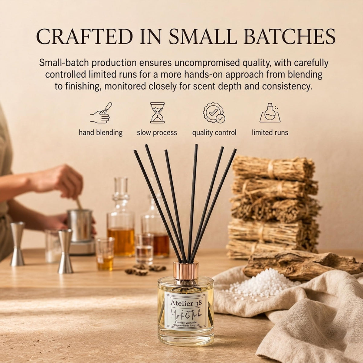 Atelier 38 Myrrh & Tonka Reed Diffuser for Home 120ml - Luxury Reed Diffusers for Home Fragrance, Long Lasting Air Diffuser & Bathroom Air Freshener - Home essential