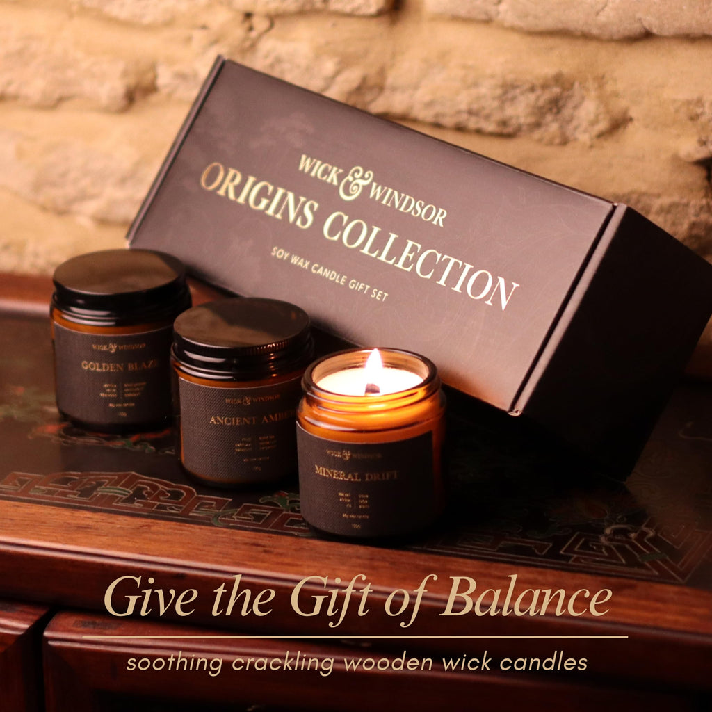Wick & Windsor | Scented Candle Gift Set | Origins Collection | 3 Luxury Soy Wax Candles | Wooden Wick | 3×100g | Amber, Black Pepper & Sea Salt | Gift for Him - Birthday, Christmas & Father's Day