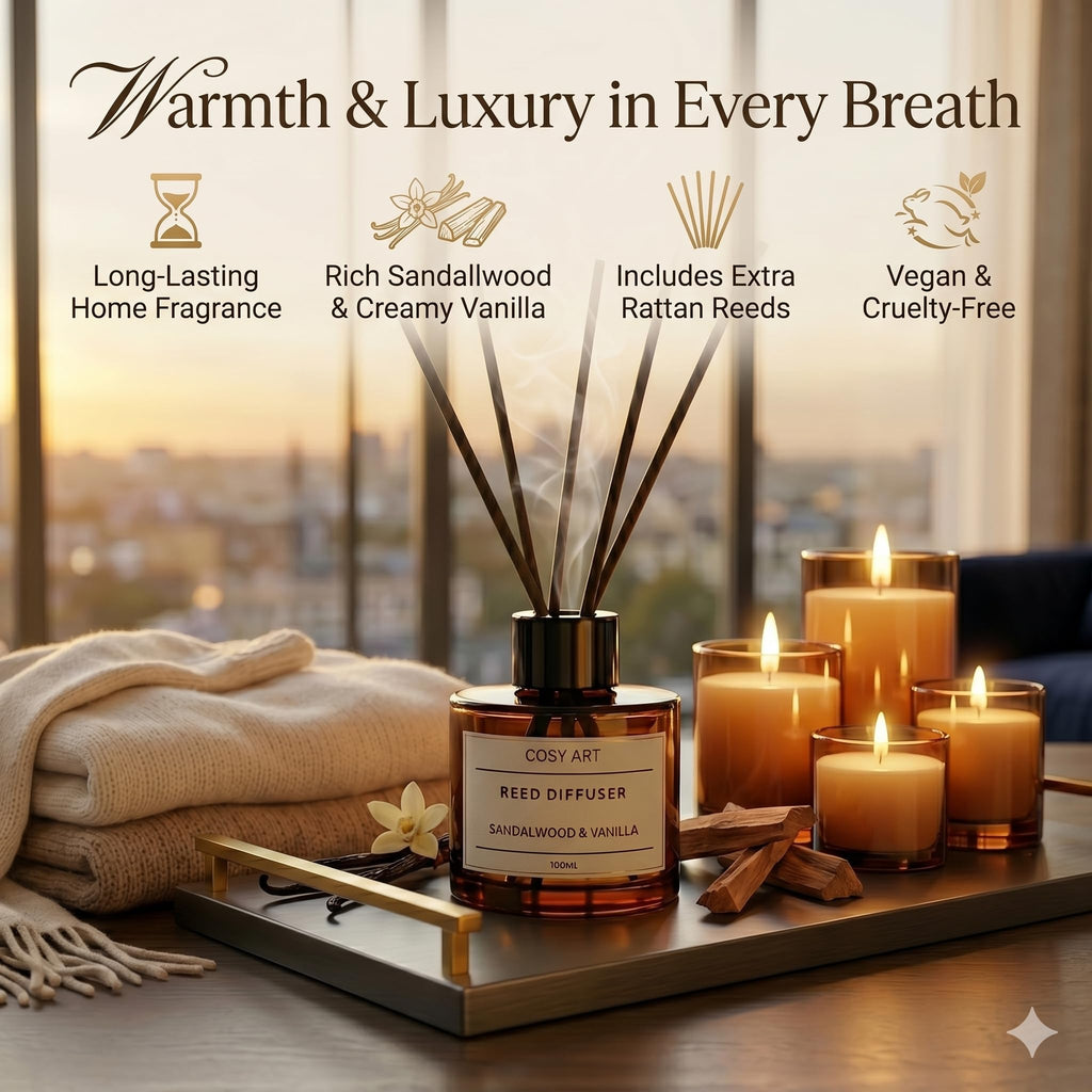 Luxury Sandalwood & Vanilla Reed Diffuser | Long-Lasting 100ml Home Fragrance | Includes Extra Rattan Reeds for Optimal Scent Throw | Vegan & Cruelty-Free for Home & Office Décor