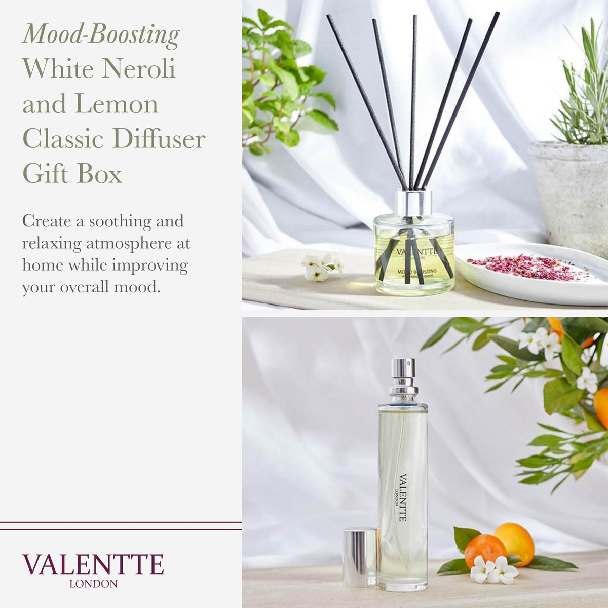 Valentte Reed Diffuser & Mist Gift Set- White Neroli & Lemon- 100ml & 30ml