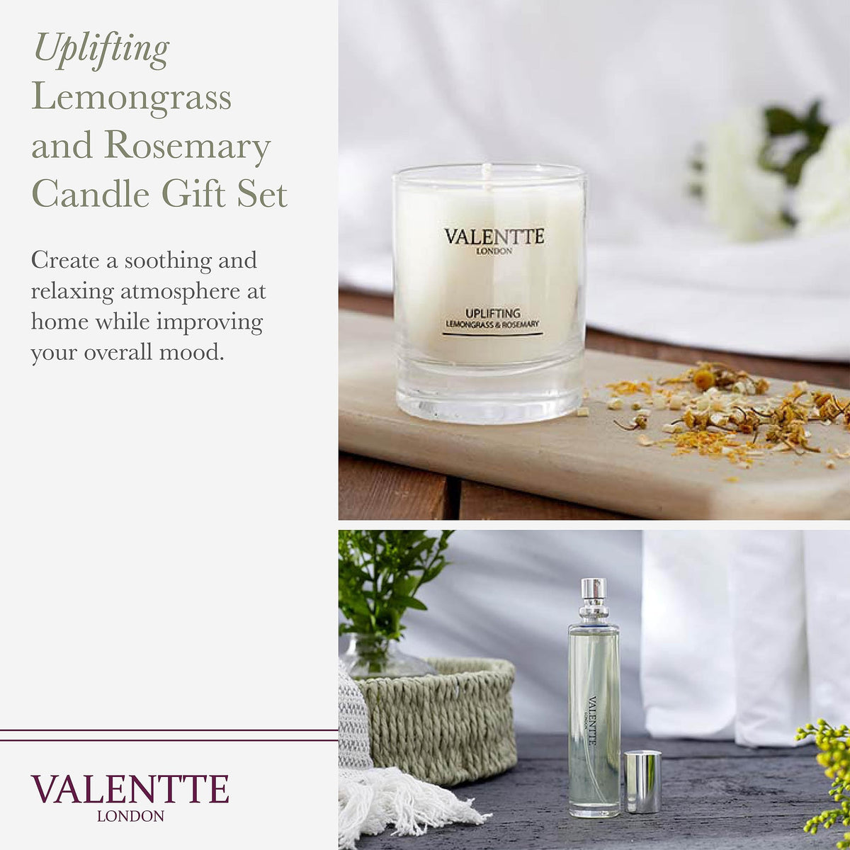 Valentte Candle & Room Mist Gift Set- Lemongrass & Rosemary- 150g/30ml