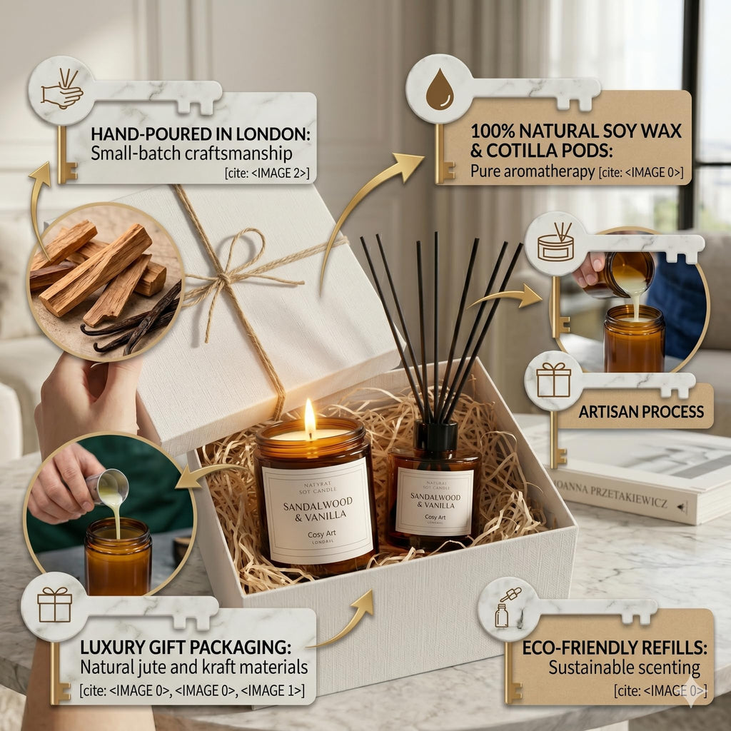 Gift Set | Luxury Sandalwood & Vanilla Relaxation Hamper | Cosy Art London Home Fragrance Box Includes Hand-Poured Soy Candle & Reed Diffuser | Premium Birthday, Anniversary, Pamper Gift