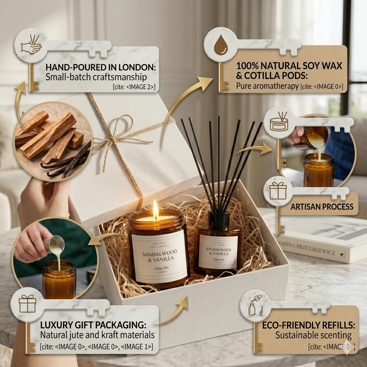 Gift Set | Luxury Sandalwood & Vanilla Relaxation Hamper | Cosy Art London Home Fragrance Box Includes Hand-Poured Soy Candle & Reed Diffuser | Premium Birthday, Anniversary, Pamper Gift
