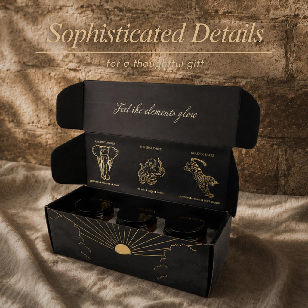Wick & Windsor | Scented Candle Gift Set | Origins Collection | 3 Luxury Soy Wax Candles | Wooden Wick | 3×100g | Amber, Black Pepper & Sea Salt | Gift for Him - Birthday, Christmas & Father's Day
