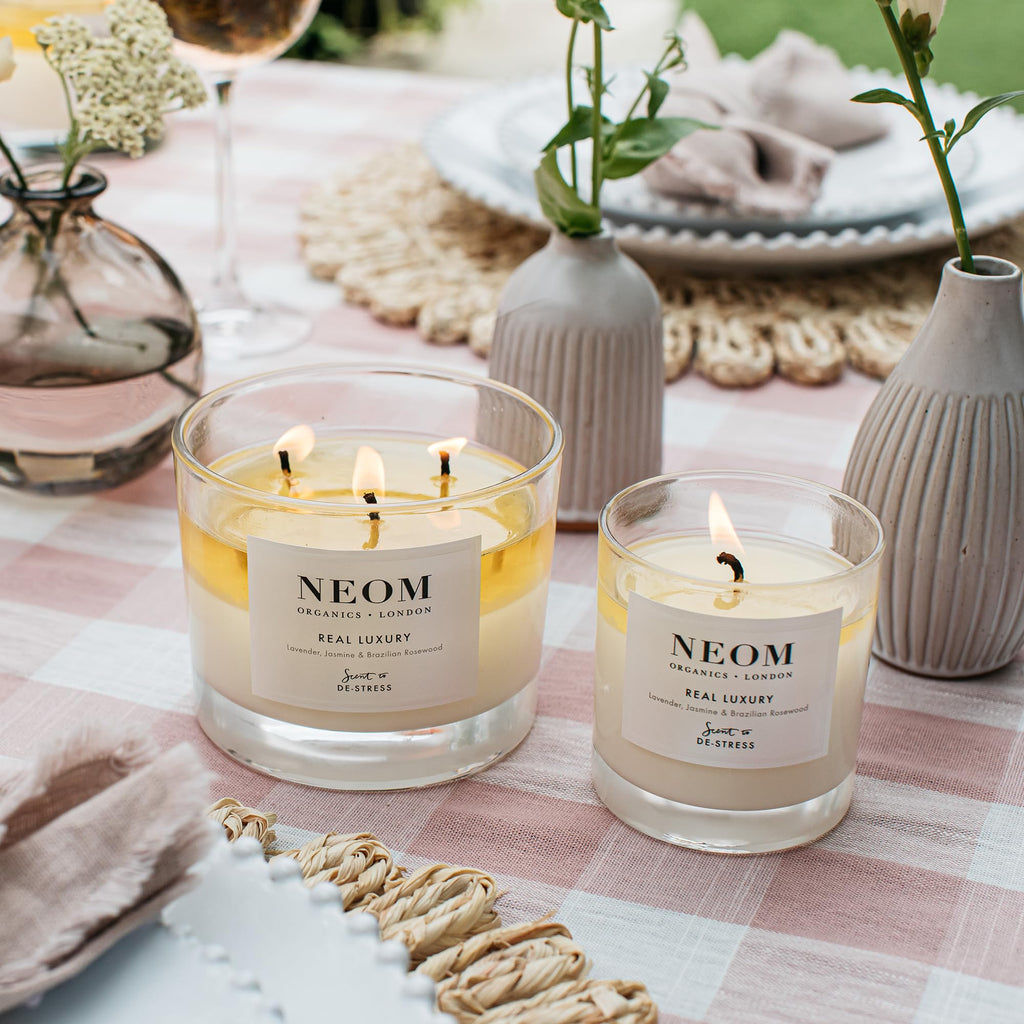 NEOM- Real Luxury Scented Candle, 3 Wick | Lavender, Jasmine & Sandalwood | Essential Oil Aromatherapy Candle | Scent to De-Stress