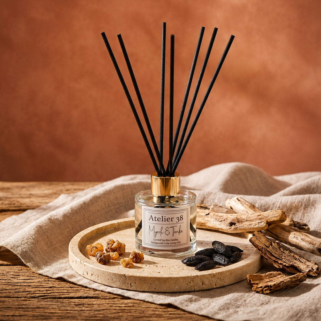 Atelier 38 Myrrh & Tonka Reed Diffuser for Home 120ml - Luxury Reed Diffusers for Home Fragrance, Long Lasting Air Diffuser & Bathroom Air Freshener - Home essential