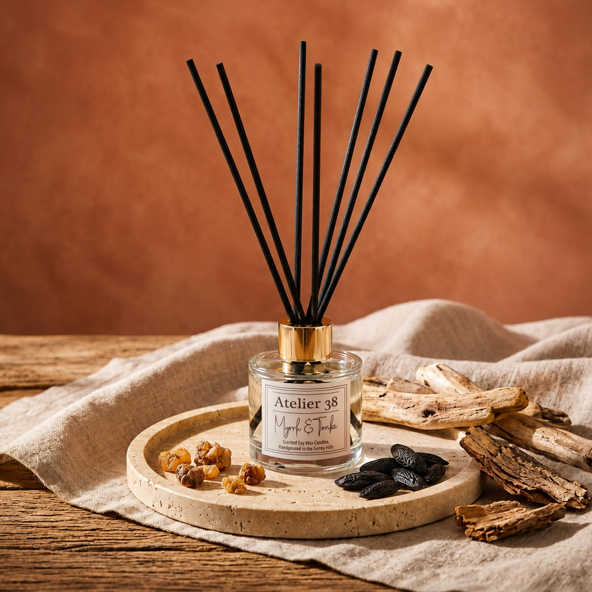 Atelier 38 Myrrh & Tonka Reed Diffuser for Home 120ml - Luxury Reed Diffusers for Home Fragrance, Long Lasting Air Diffuser & Bathroom Air Freshener - Home essential