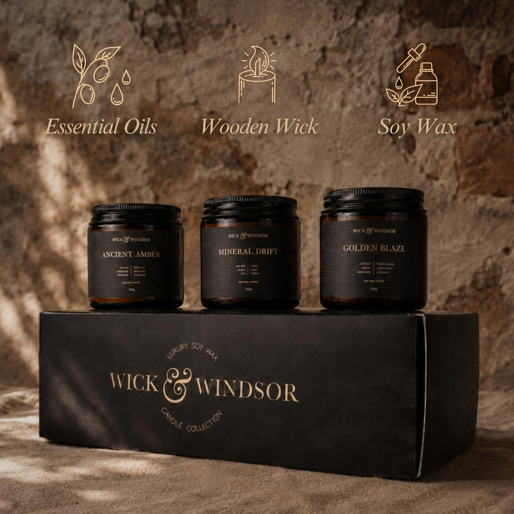 Wick & Windsor | Scented Candle Gift Set | Origins Collection | 3 Luxury Soy Wax Candles | Wooden Wick | 3×100g | Amber, Black Pepper & Sea Salt | Gift for Him - Birthday, Christmas & Father's Day