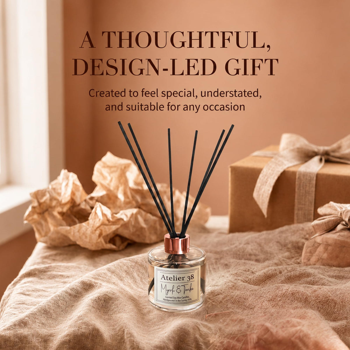 Atelier 38 Myrrh & Tonka Reed Diffuser for Home 120ml - Luxury Reed Diffusers for Home Fragrance, Long Lasting Air Diffuser & Bathroom Air Freshener - Home essential