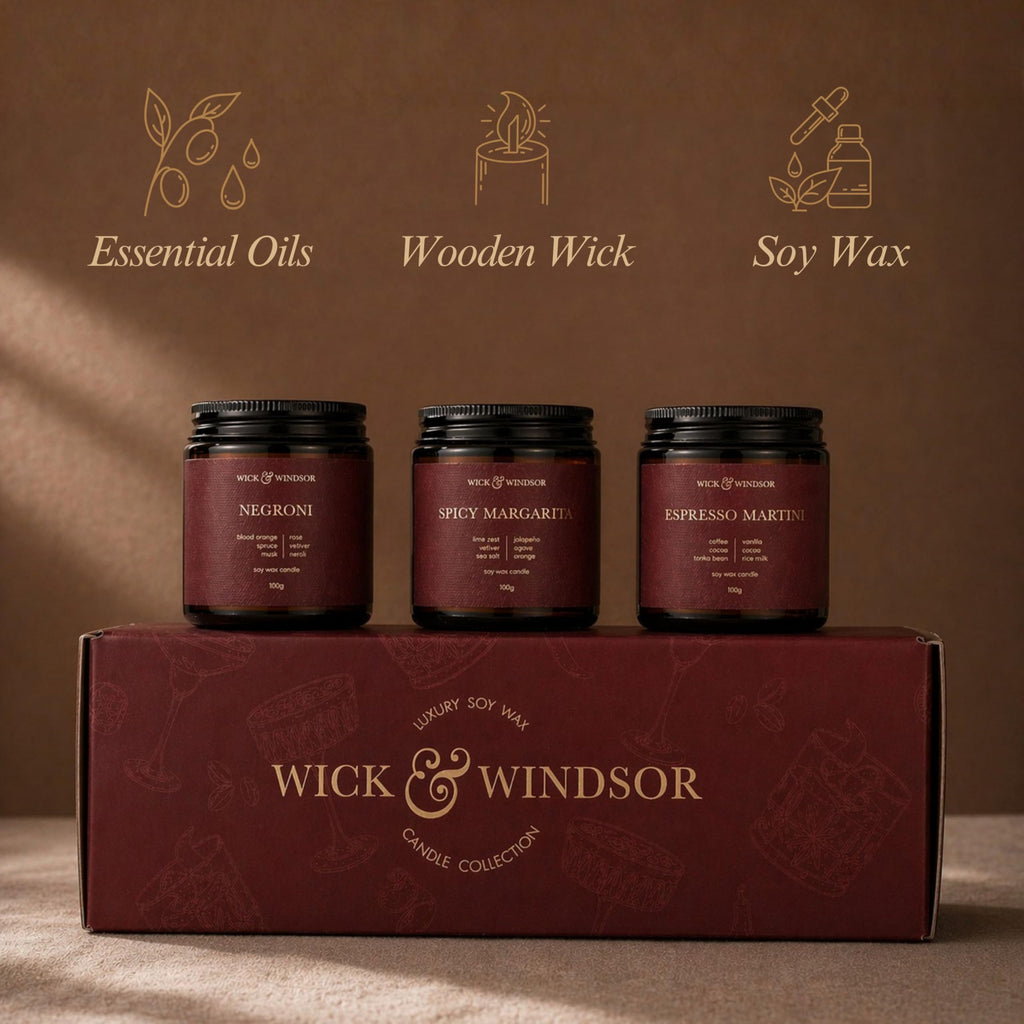 Wick & Windsor | Scented Candle Gift Set | Cocktail Collection | 3 Luxury Soy Wax Candles | Wooden Wick | 3×100g | Coffee, Blood Orange & Lime | Gift for Her & Him — Birthday, Christmas & Housewarming