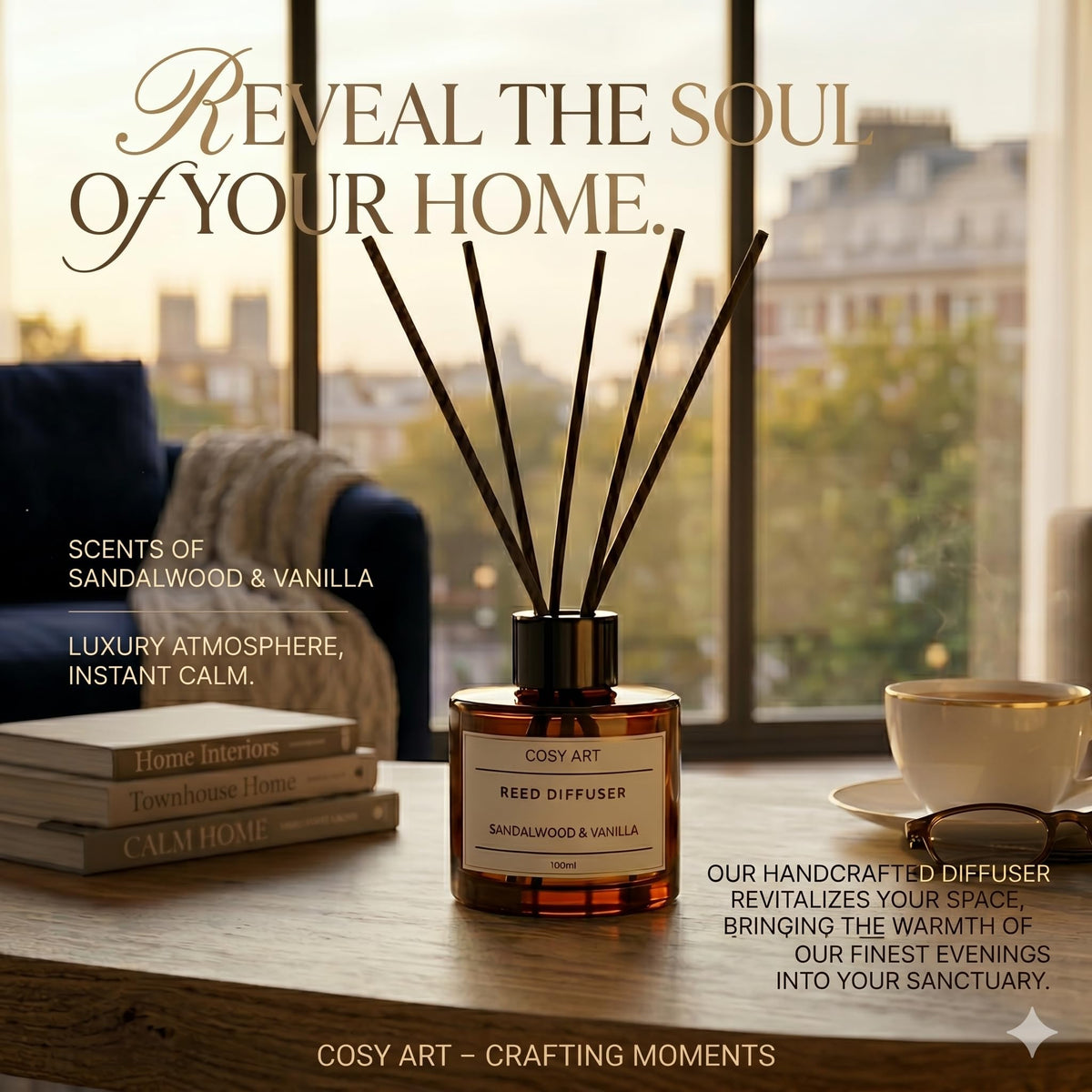 Luxury Sandalwood & Vanilla Reed Diffuser | Long-Lasting 100ml Home Fragrance | Includes Extra Rattan Reeds for Optimal Scent Throw | Vegan & Cruelty-Free for Home & Office Décor