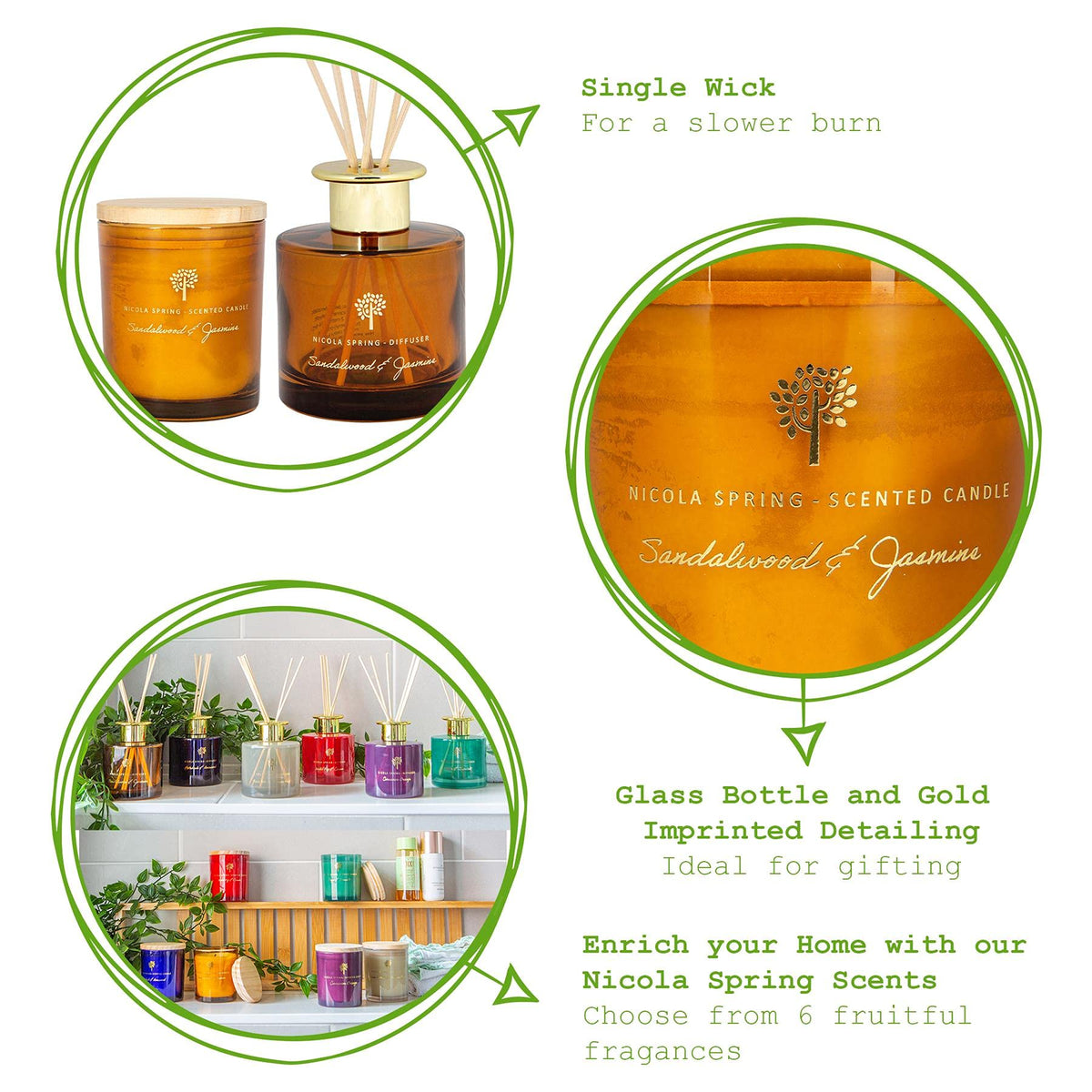 Nicola Spring Sandalwood & Jasmine Scented Candle & Reed Diffuser Set - 130g Soy Wax Candle 21 Hour Burning Time Small Relaxing Fragrance Gift Set Aromatherapy 200ml Fragrant Diffuser