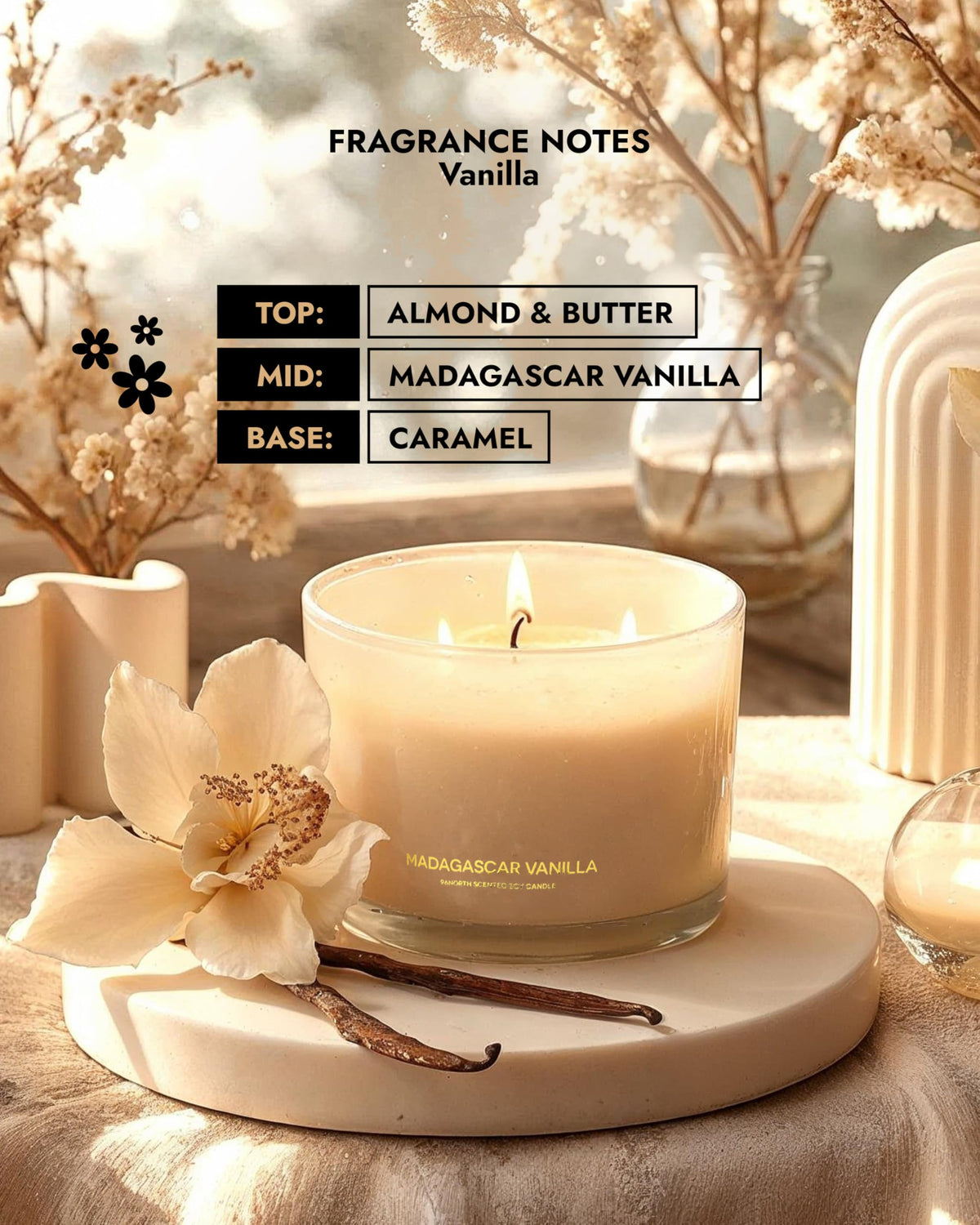 96NORTH Luxury Vanilla Soy Candles | Large 3 Wick Jar Candle | Up to 50 Hours Burning Time | 100% Natural Soy Wax | Relaxing Aromatherapy | Housewarming Gift for Men and Women