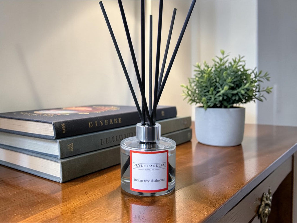 Indian Rose & Almond Reed Diffuser - Clyde Candles, Luxury Diffuser Oil with a Set of 7 Fibre Sticks, Best Aroma Scent for Home, Kitchen, Living Room, Bathroom. Fragrance Diffusers set with sticks