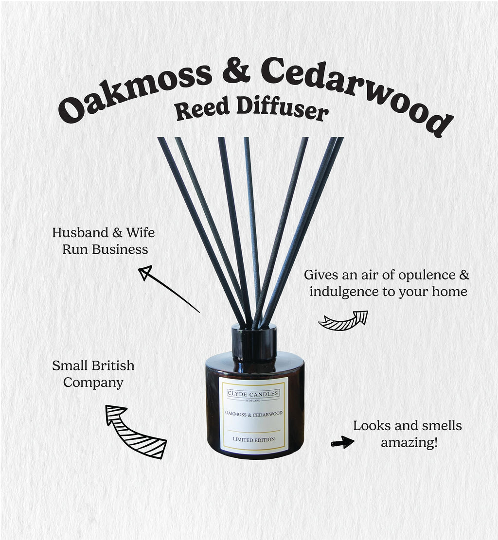 Oakmoss & Cedarwood Reed Diffuser - Clyde Candles Diffuser Oil with a Set of 7 Fibre Sticks, 100ml, Best for Home, Kitchen, Living Room, Bathroom. Diffusers set with sticks