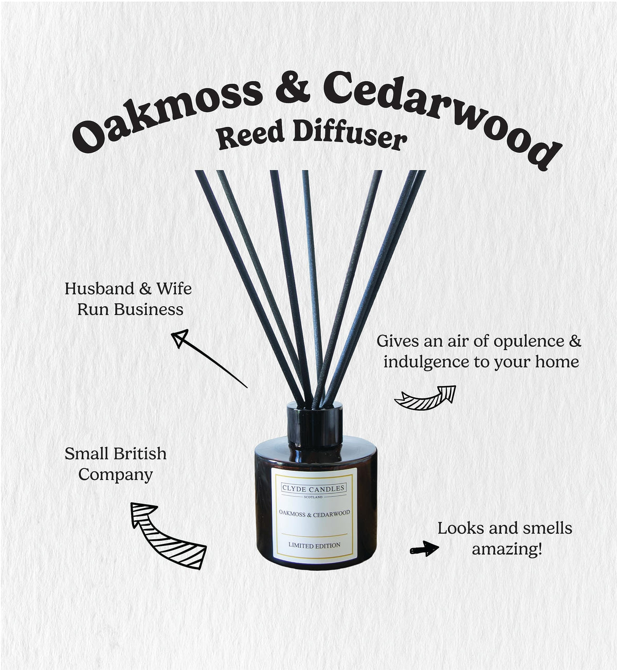 Oakmoss & Cedarwood Reed Diffuser - Clyde Candles Diffuser Oil with a Set of 7 Fibre Sticks, 100ml, Best for Home, Kitchen, Living Room, Bathroom. Diffusers set with sticks