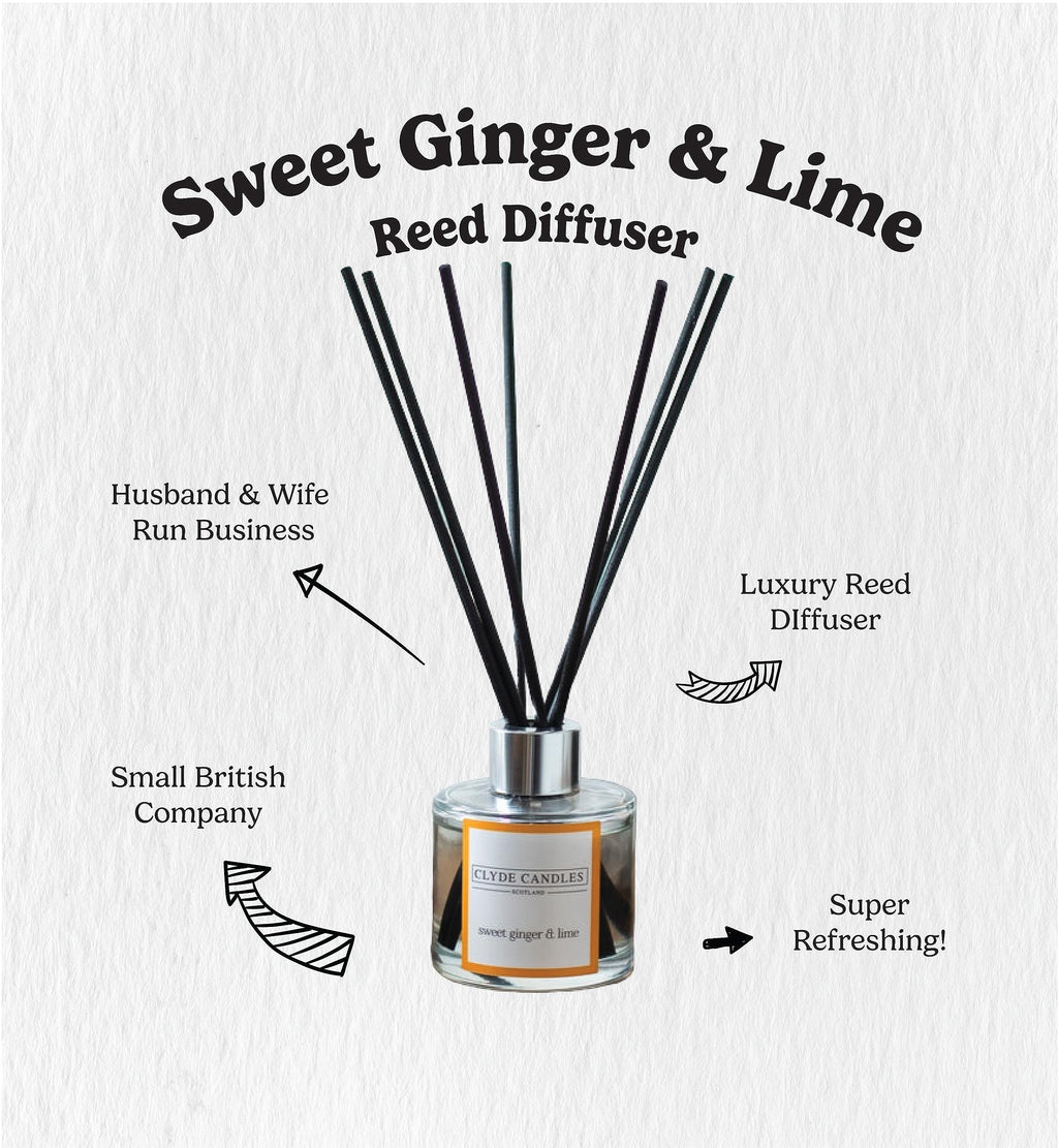 Sweet Ginger & Lime Reed Diffuser - Clyde Candles, Luxury Diffuser Oil with a Set of 7 Fibre Sticks, Best Aroma Scent for Home, Kitchen, Living Room, Bathroom. Fragrance Diffusers set with sticks