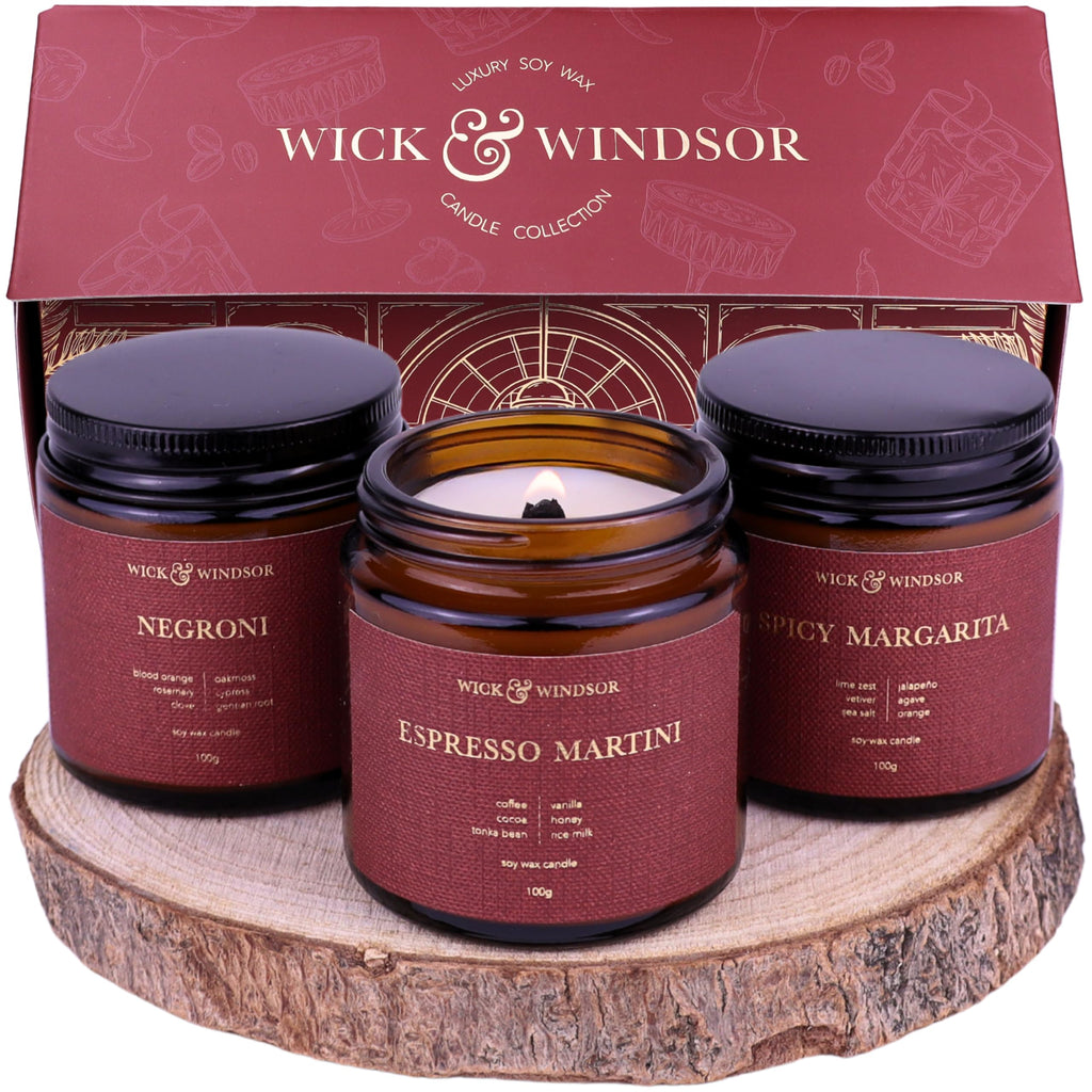 Wick & Windsor | Scented Candle Gift Set | Cocktail Collection | 3 Luxury Soy Wax Candles | Wooden Wick | 3×100g | Coffee, Blood Orange & Lime | Gift for Her & Him — Birthday, Christmas & Housewarming