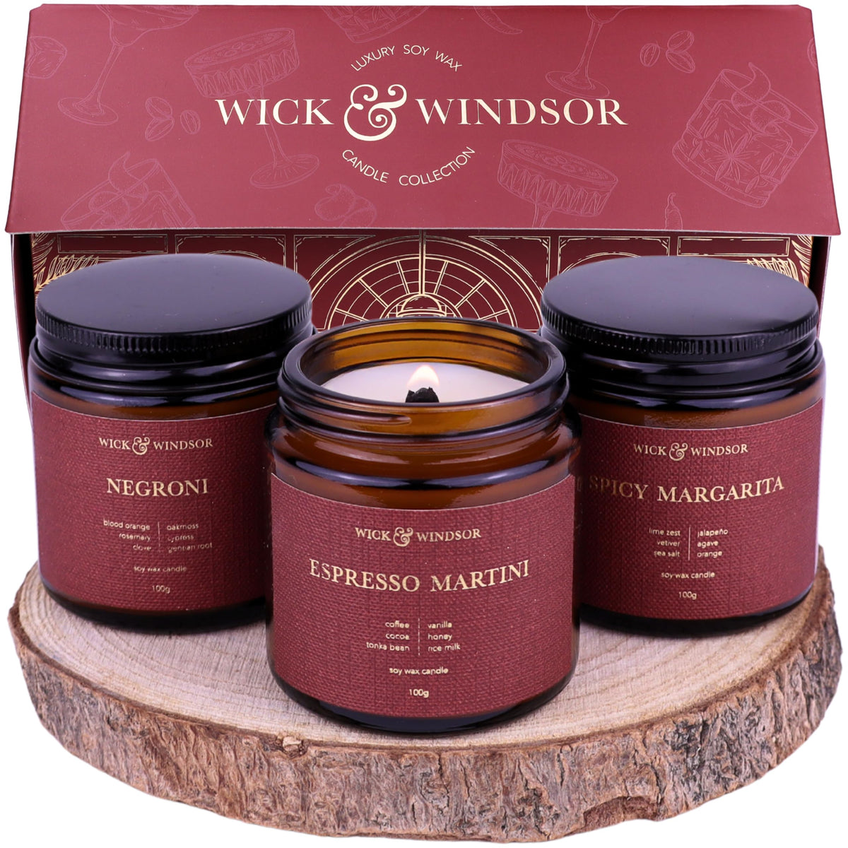 Wick & Windsor | Scented Candle Gift Set | Cocktail Collection | 3 Luxury Soy Wax Candles | Wooden Wick | 3×100g | Coffee, Blood Orange & Lime | Gift for Her & Him — Birthday, Christmas & Housewarming